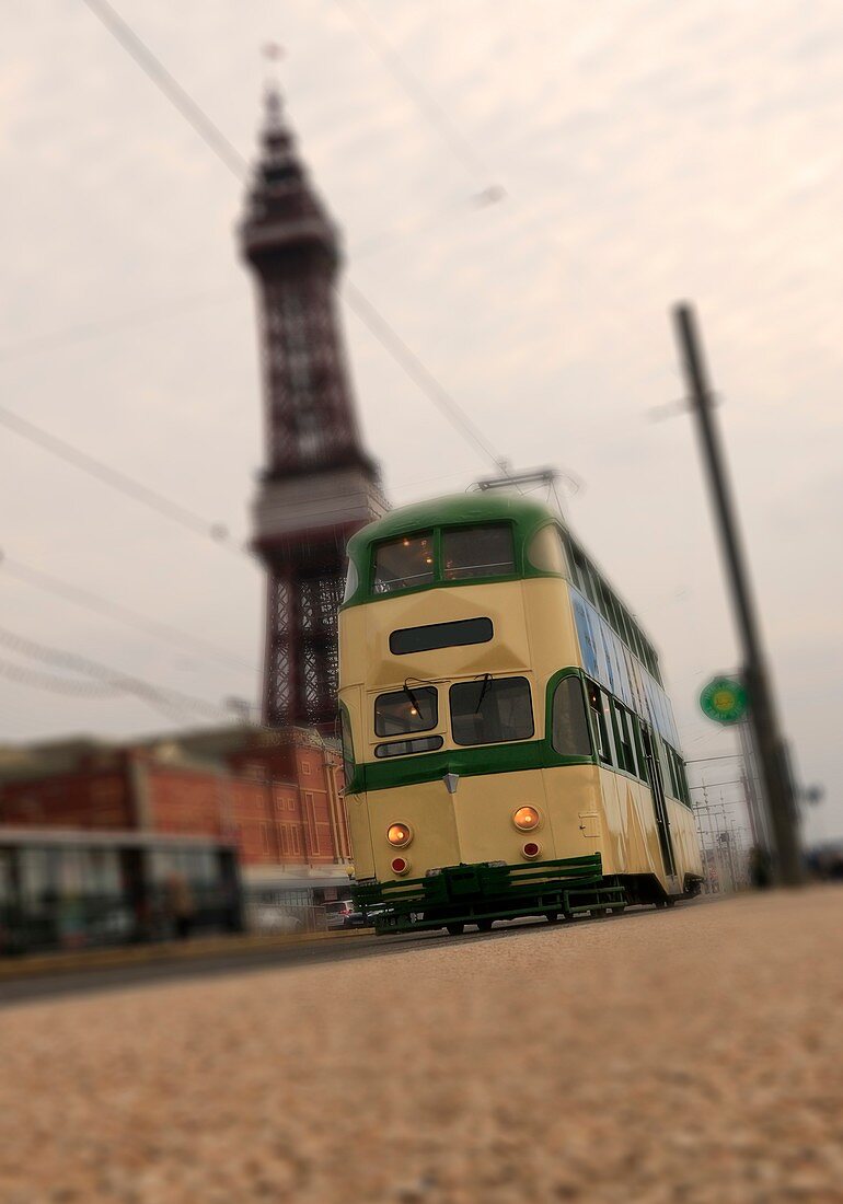 Tram with Blackpool Tower, UK