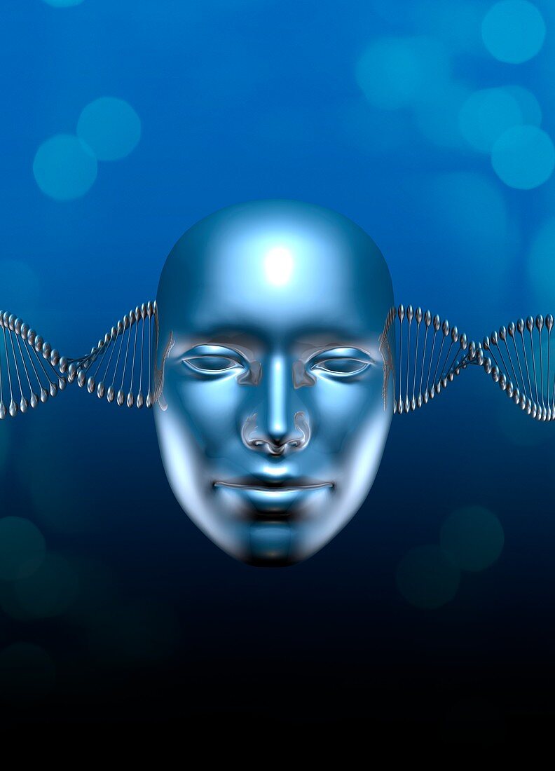Silver face with DNA strand, illustration