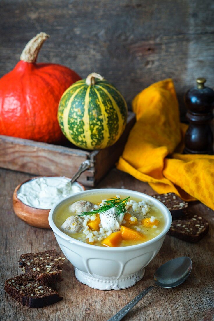 Pumpkin soup with turkey meatballs and pearl barley