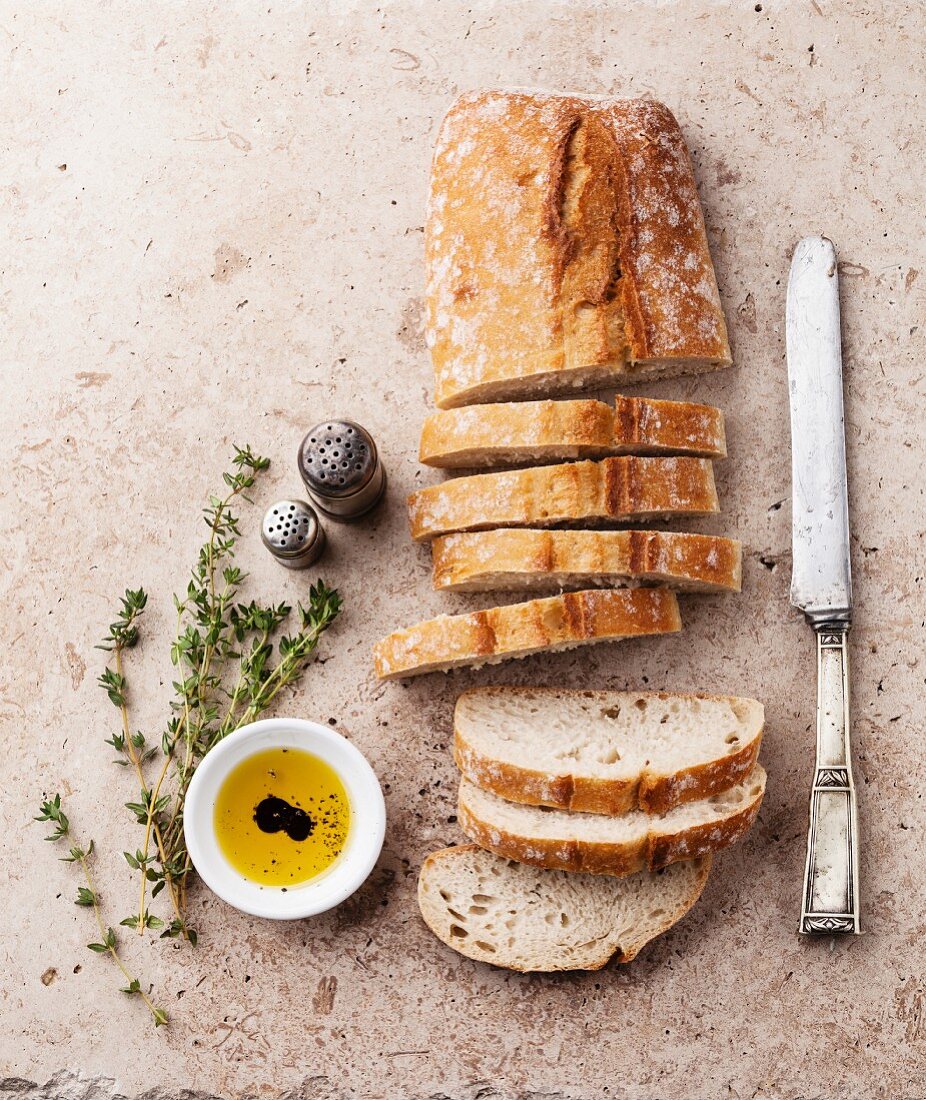 Fresh ciabatta with olive oil and thyme