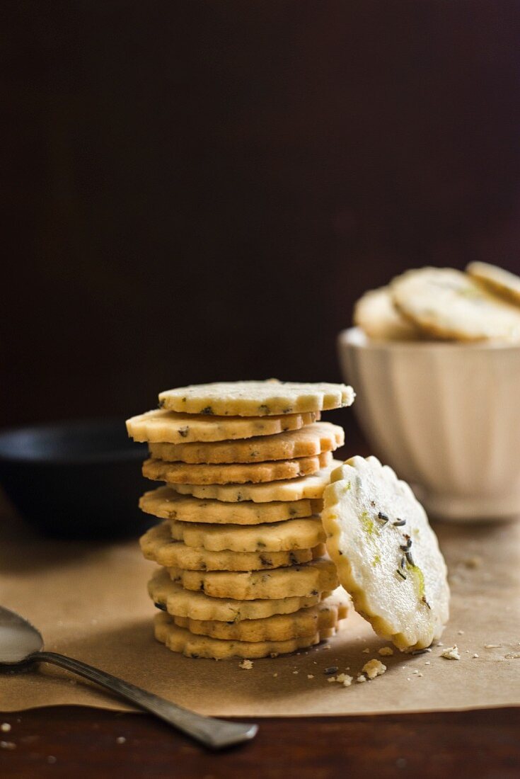 A stack of lavender and lemon shortbread cookies