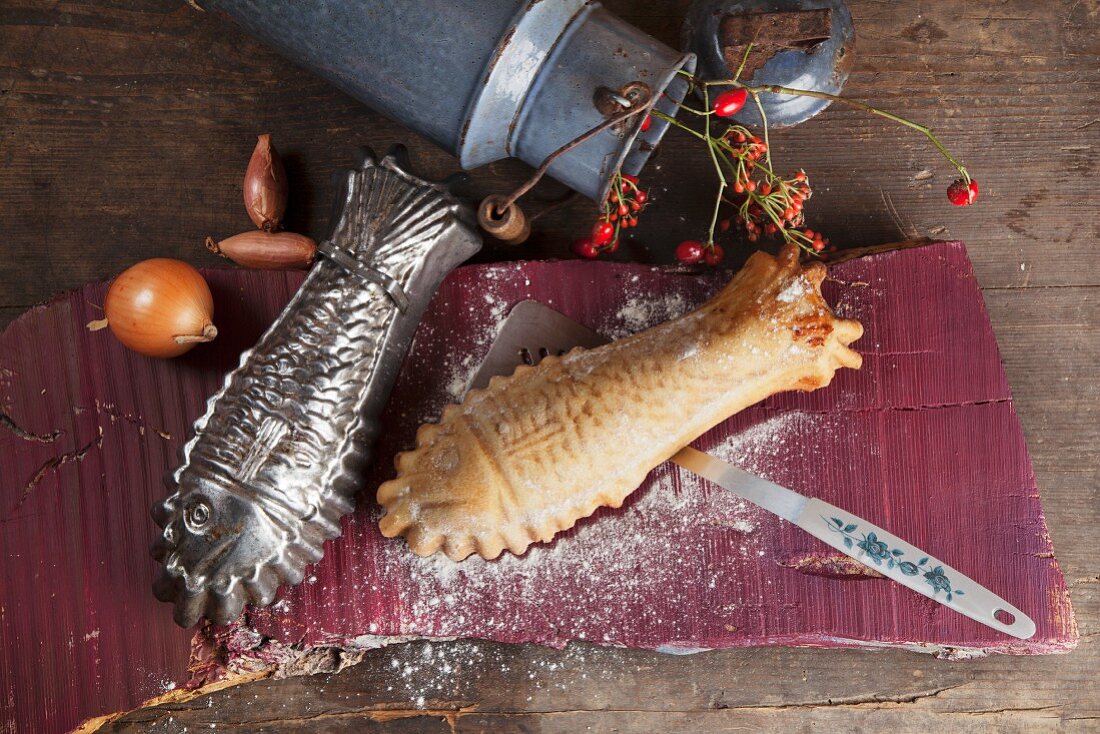 A trout pasty with a fish-shaped baking tin
