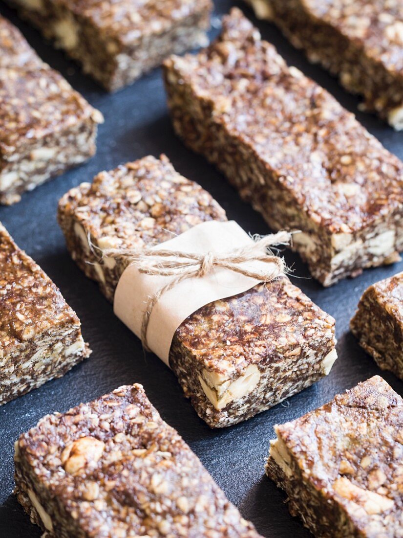 Homemade healthy protein granola bars with cashew nuts and cashew nut butter