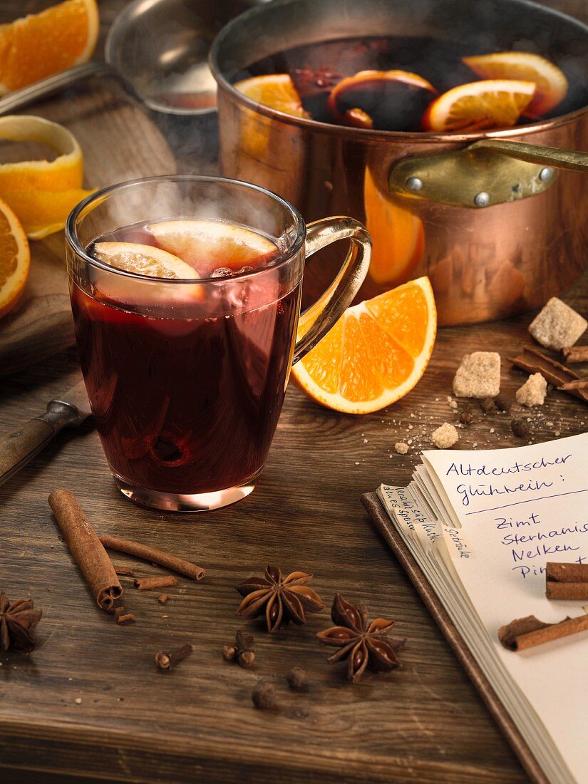 Homemade mulled wine in a glass cup