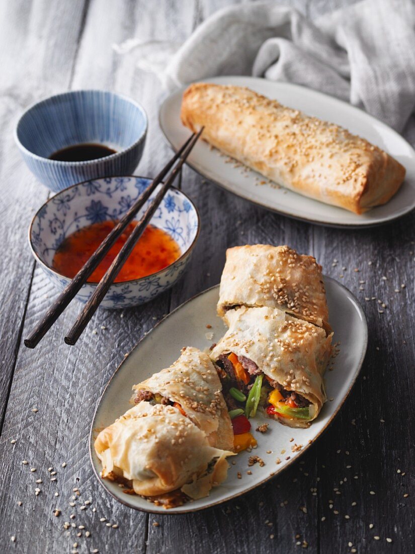 Mini Asian strudel filled with minced beef and vegetables