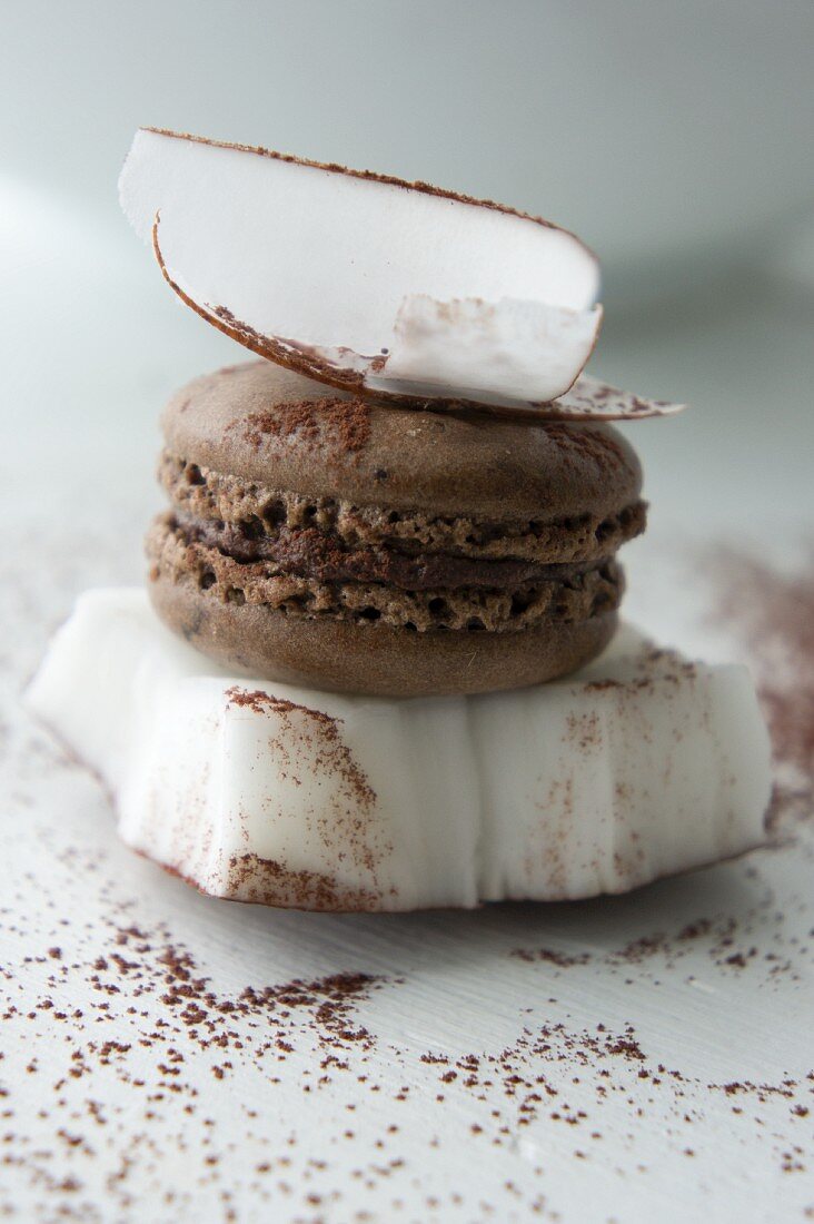 A chocolate macaron between two pieces of coconut