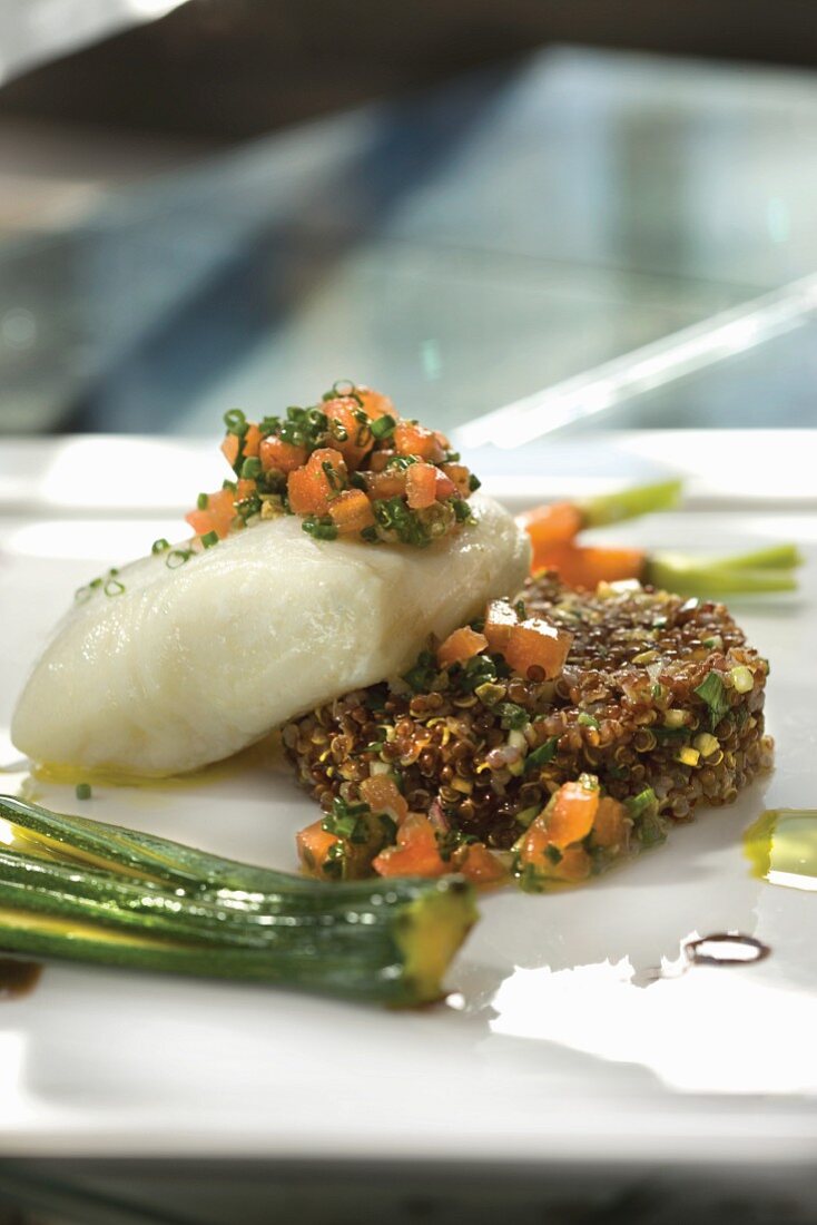 Olive Oil Poached Alaskan Halibut, Caper Salsa, and Spring Quinoa