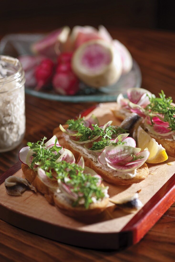 Spring radish toast with white anchovy rillette