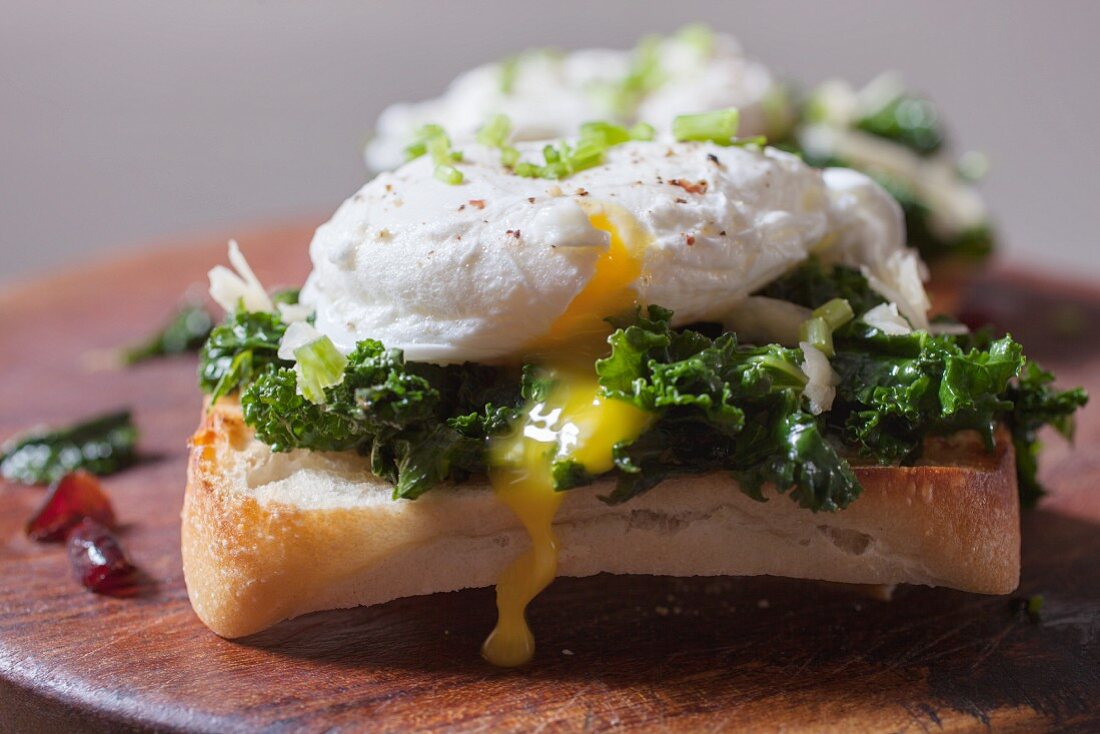 Poached Egg on Toasted Bread with Kale, Cranberries and Shredded Cheese