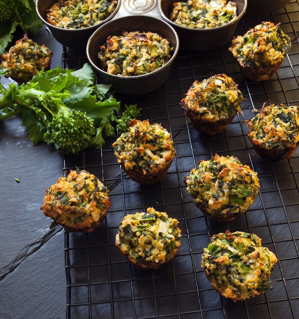 Broccoli Rabe Mini Muffins on a Cooling Rack