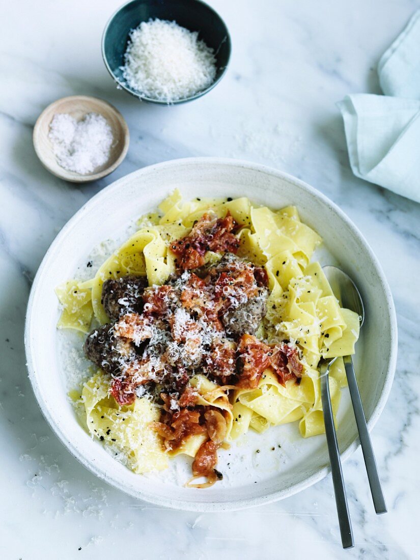 Polpetti with roasted tomato sauce and pappardelle