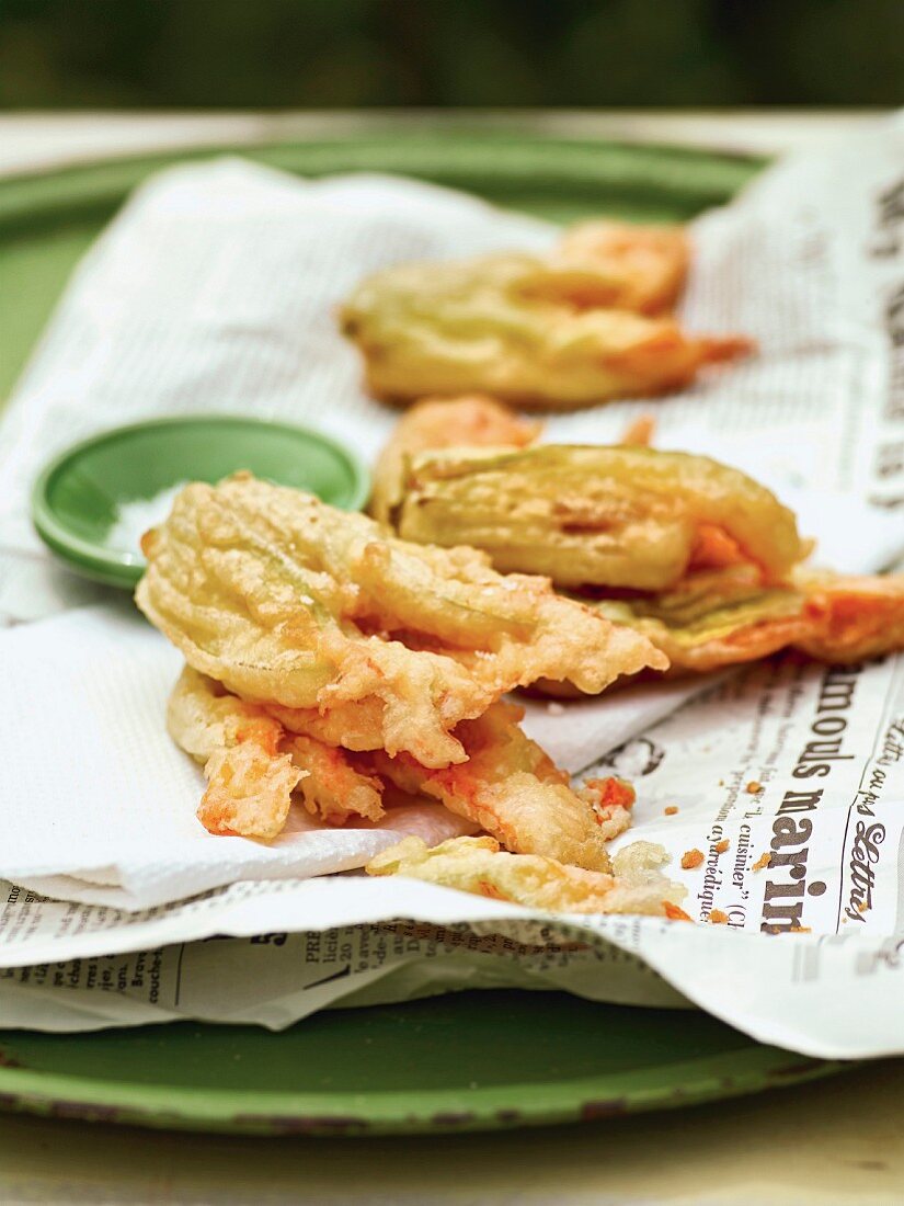 Deep-fried zucchini blossoms in a parmesan coating