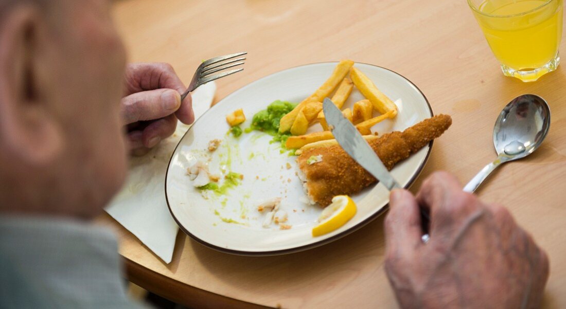 Fish and chips served in an old folks home