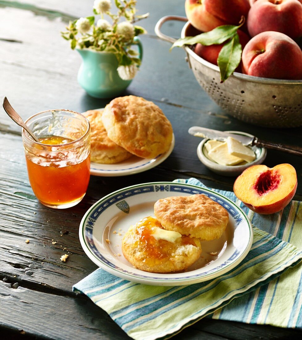 Southern Biscuits with peaches and butter
