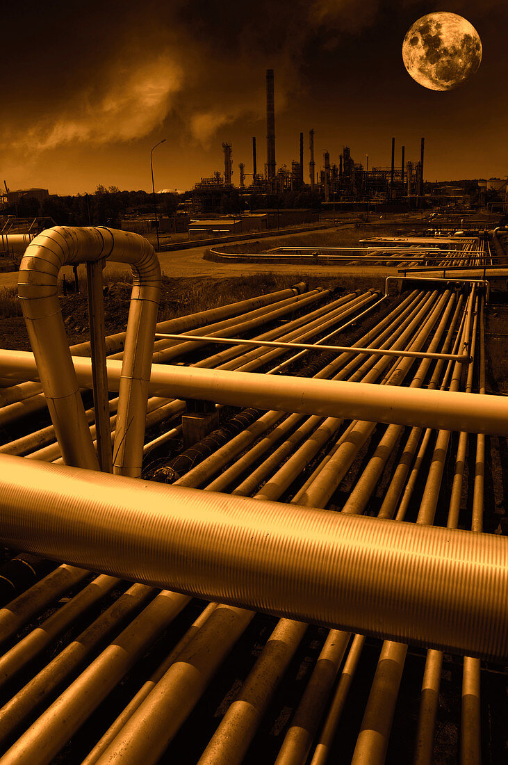 Pipes on petrochemical plant with moon