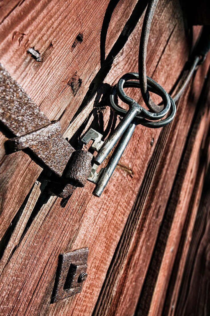 Old metal keys on wooden door