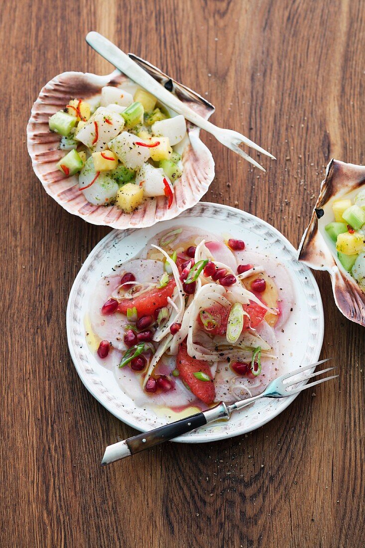 Scallop ceviche and swordfish carpaccio