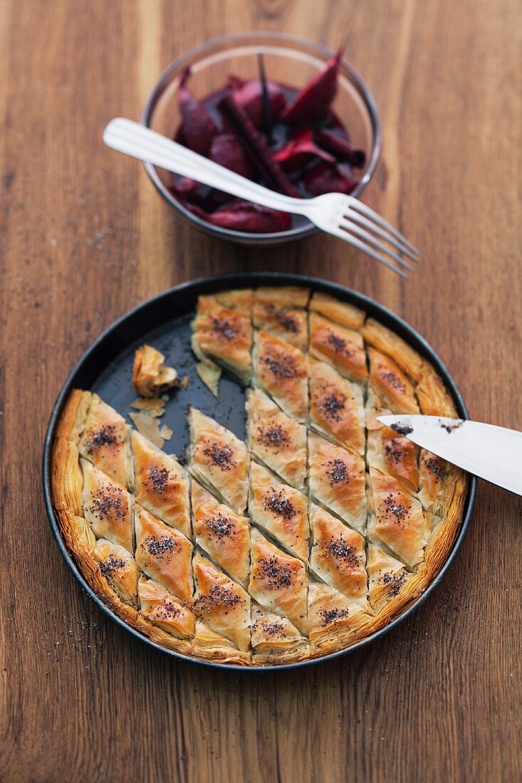 Poppy baklava with figs infused in red wine