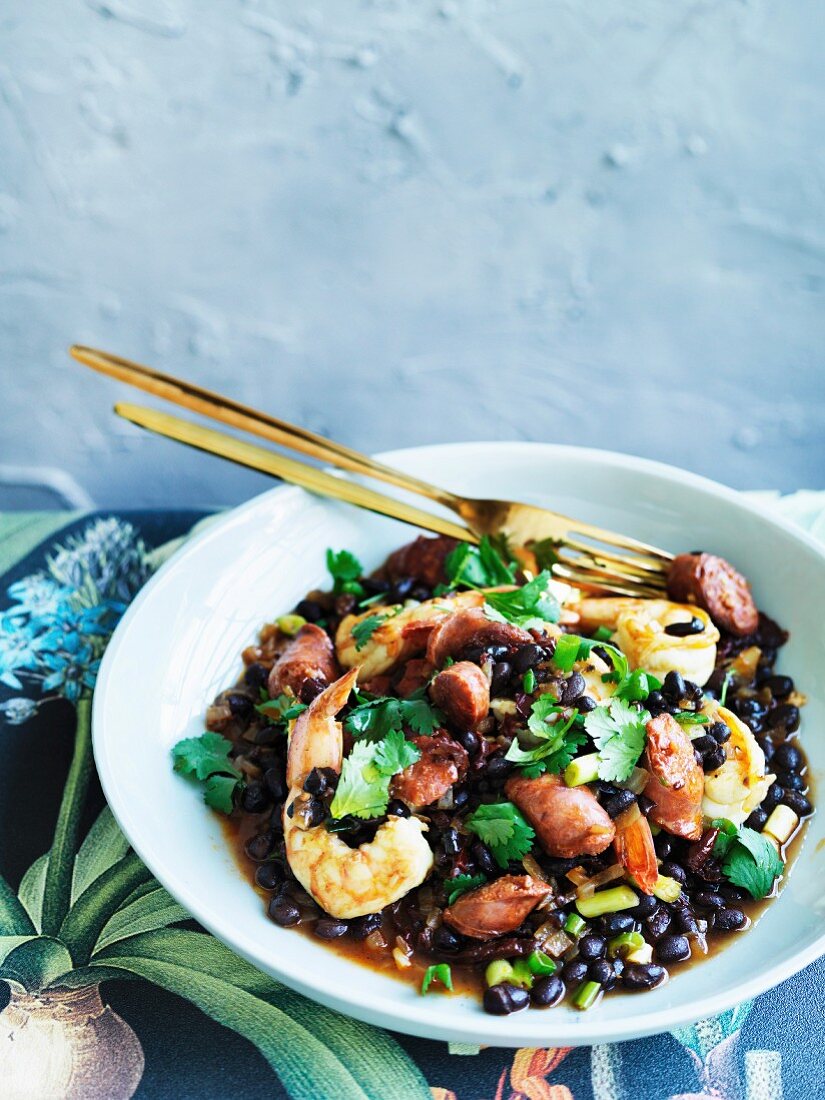 Prawns with black beans, chorizo and chipotle