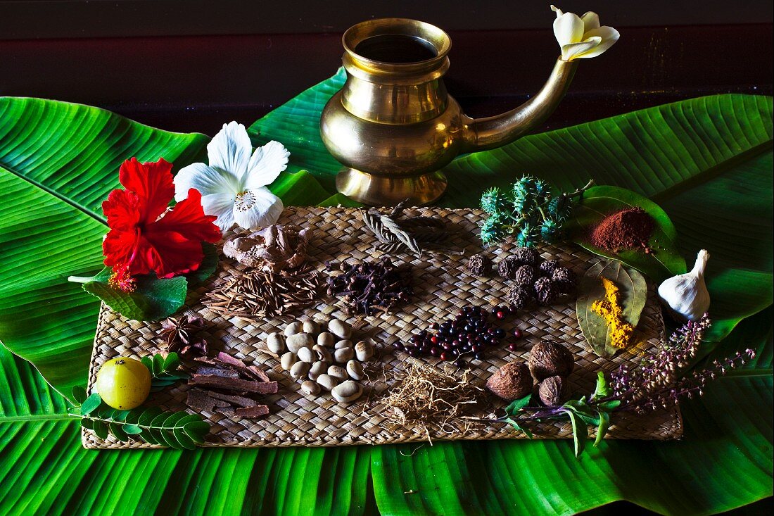 Different Indian spices on display at Swaswara, Karnataka, India, Asia