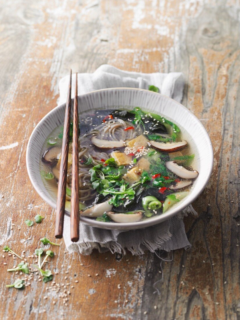 Lupin and miso soup with shiitake mushrooms and lupin filet