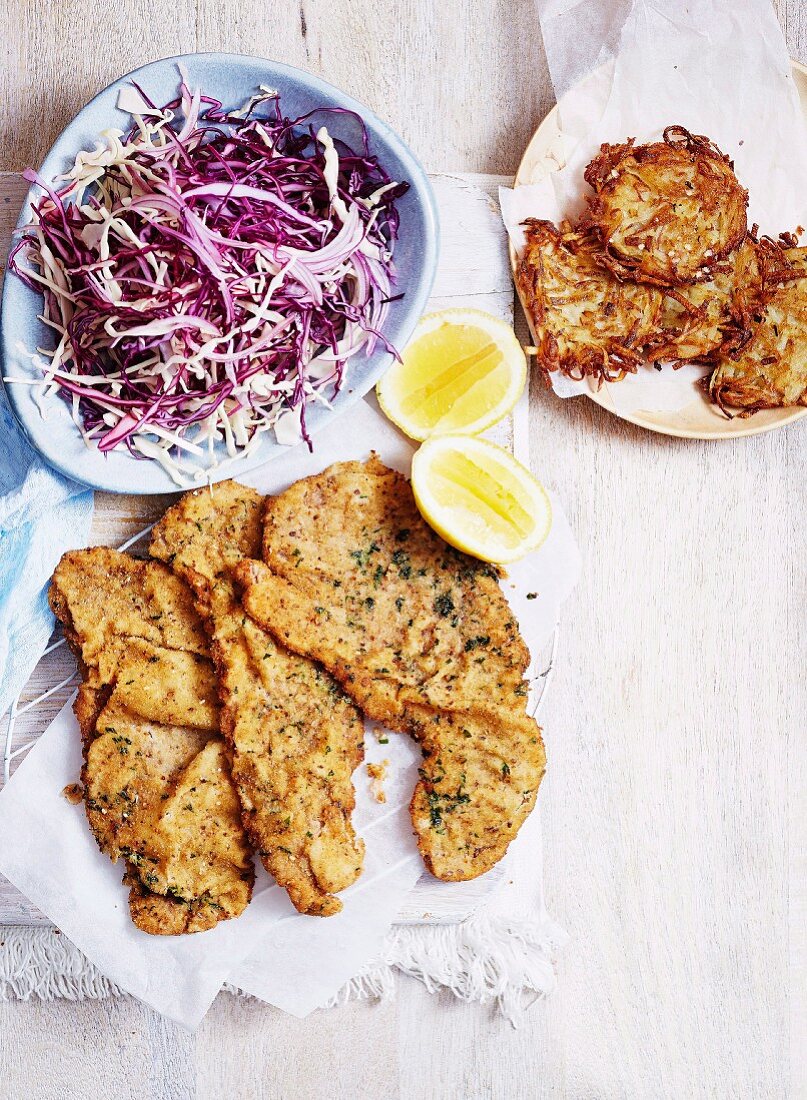Moroccan Veal Schnitzel with Mixed Cabbage and Rosti