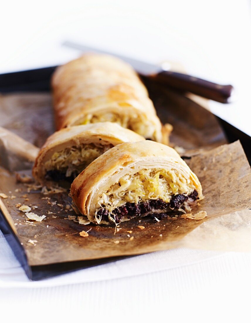 Sauerkraut strudel with blood sausage