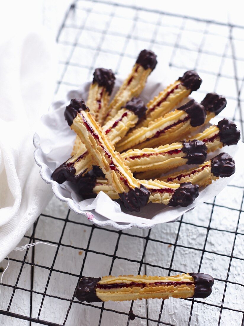 Chocolate sandwich biscuits with a jam filling