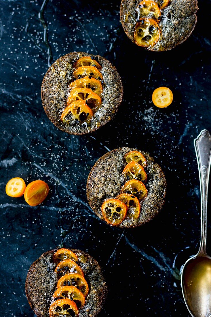 Kumquat and black sesame cakes