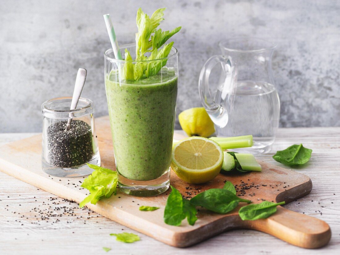 A vegan spinach and celery smoothie with chia seeds