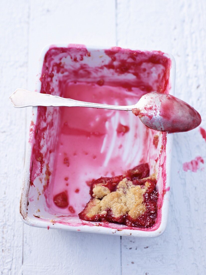 Cherry cobbler leftovers in an ovenproof dish