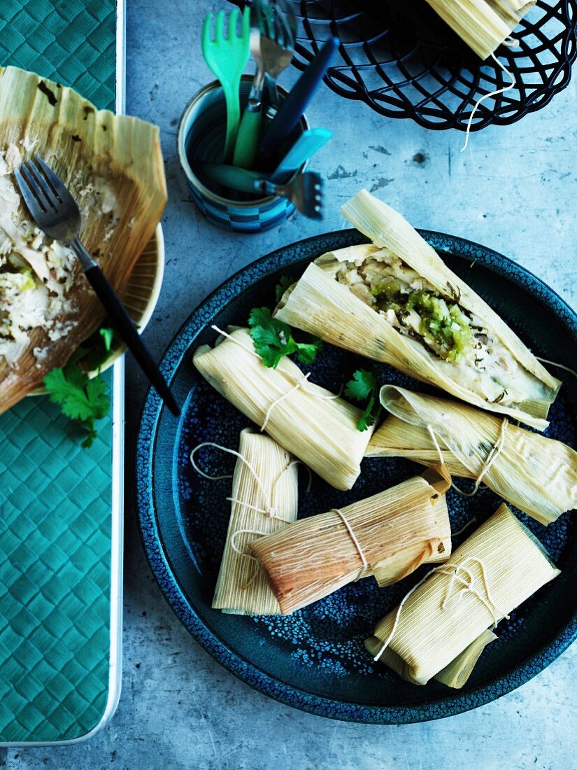 South American chicken Tamales wrapped in corn husks
