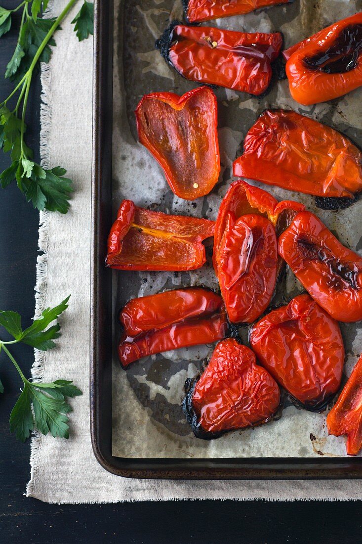 Oven roasted red peppers right after they came out of the oven