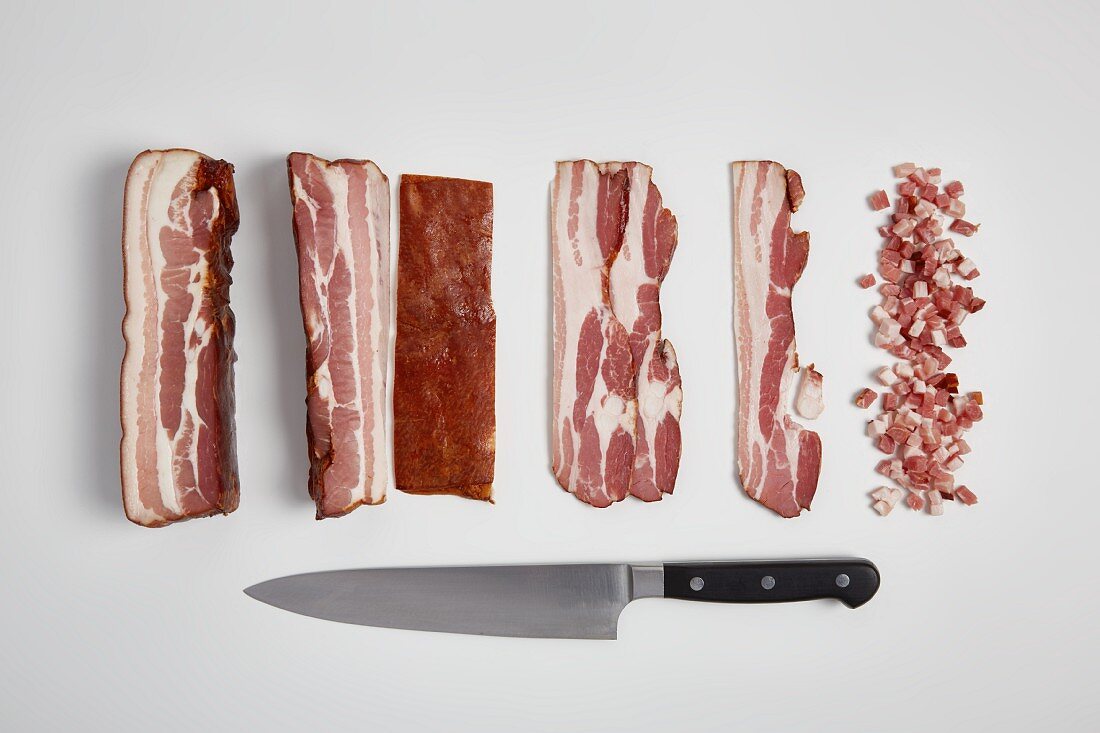 Pork belly bacon cut into slices and diced (step by step)