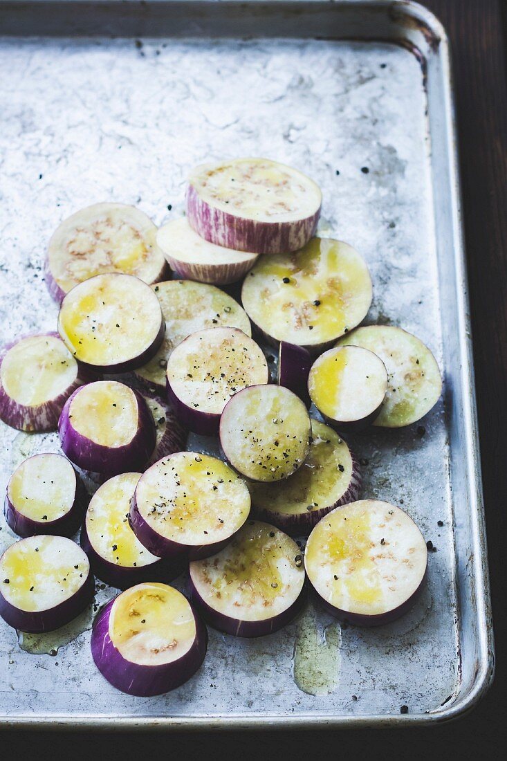 Eggplant, aubergines on a cutting board