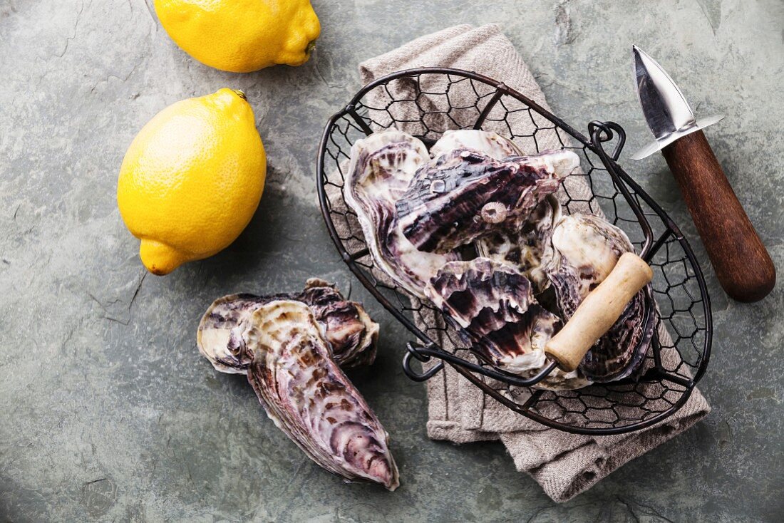 Fresh raw oysters and lemons on stone background