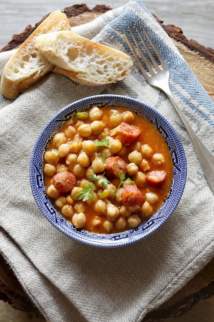 Homemade chickpea stew with chorizo