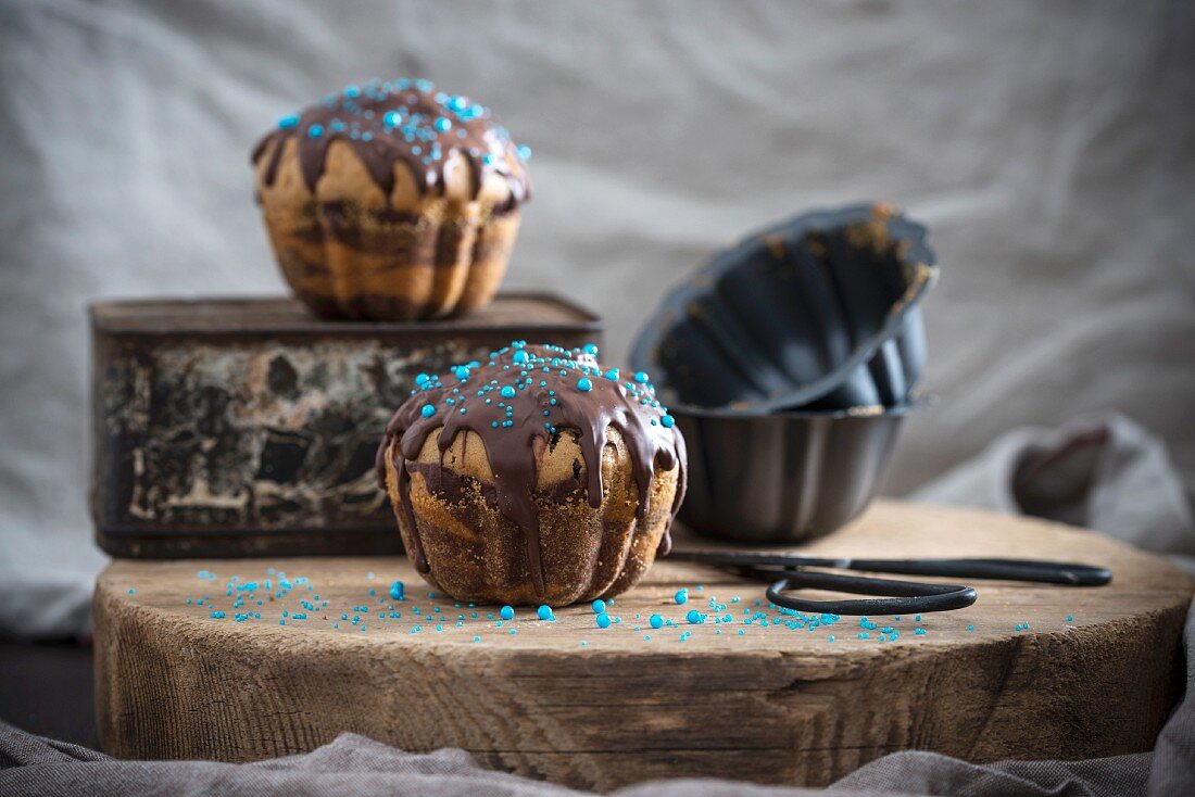 Vegan giant muffins with a nougat chocolate glaze and sugar pearls