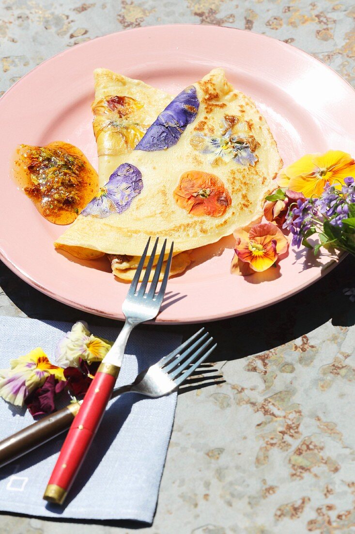 Pansy pancakes with a flower syrup