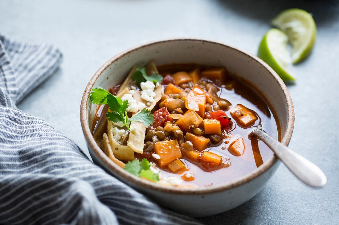 Smoky Sweet Potato and Lentil Tortilla Soup, gluten free and vegan