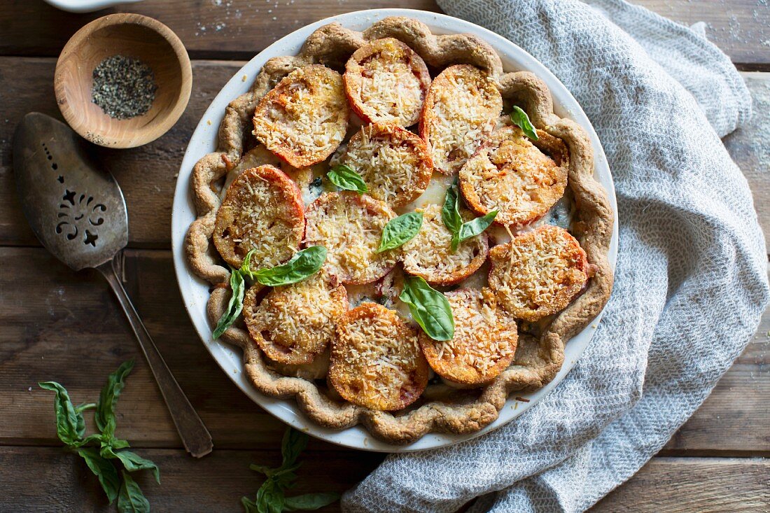 Gluten Free Tomato Pie with Basil, Parmesan and Cornmeal