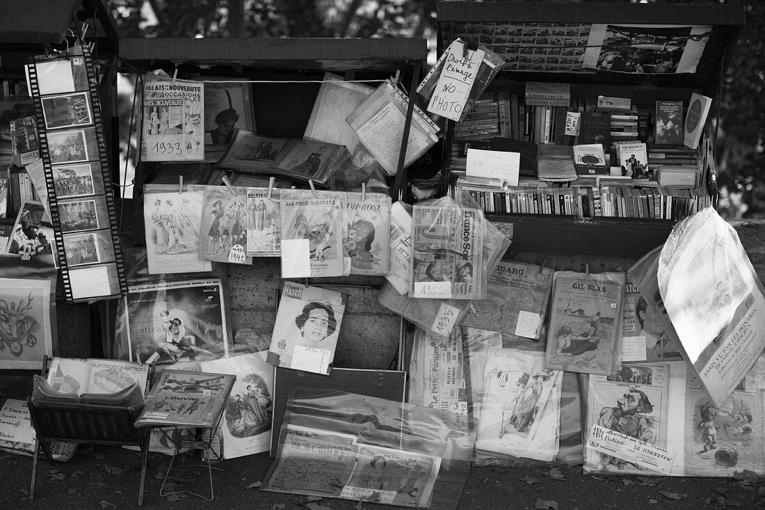A street bookstore in Paris, France (black and white photo)