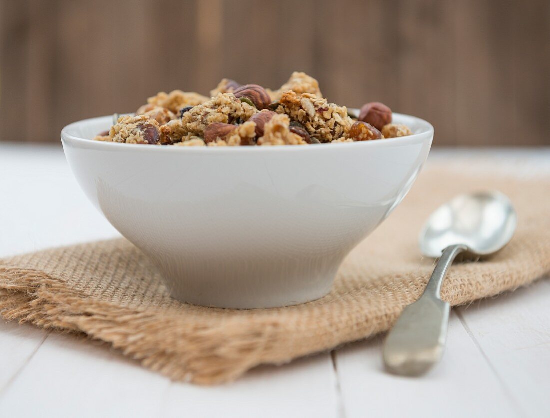 A breakfast of healthy granola, served in a bowl