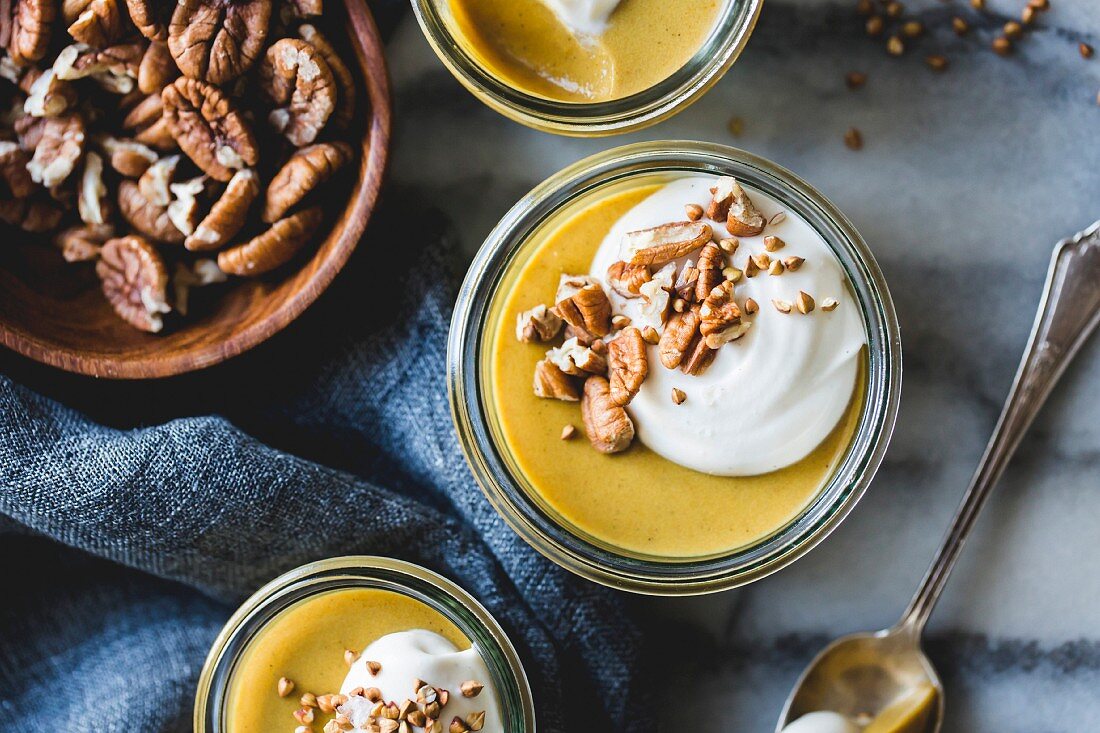 Pumpkin Butterscotch Pudding with Whipped Mascarpone and Toasted Buckwheat