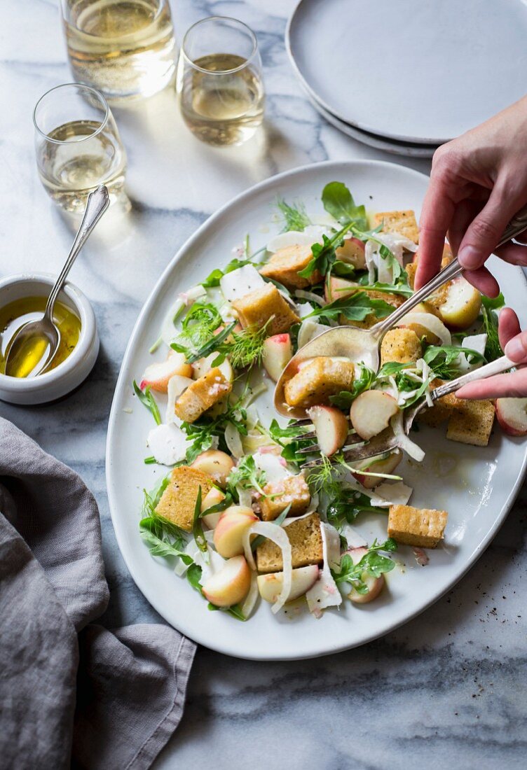 Donut Peach Panzanella with Arugula, Ricotta Salata and Tarragon (gluten-free)