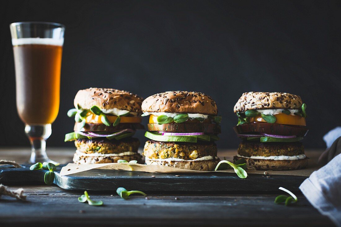 Spiced Zucchini, Feta and Chickpea Veggie Burgers with Minted Yogurt Sauce