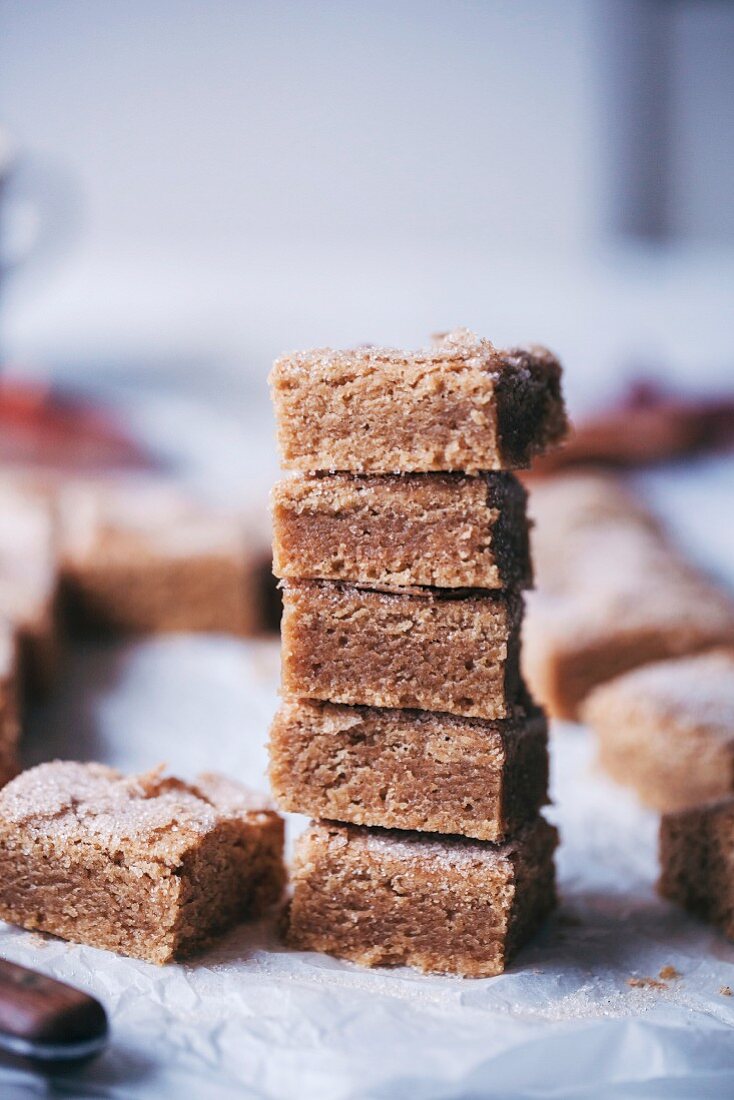 Stack of baked blondies cakes sprinkled with cinnamon sugar