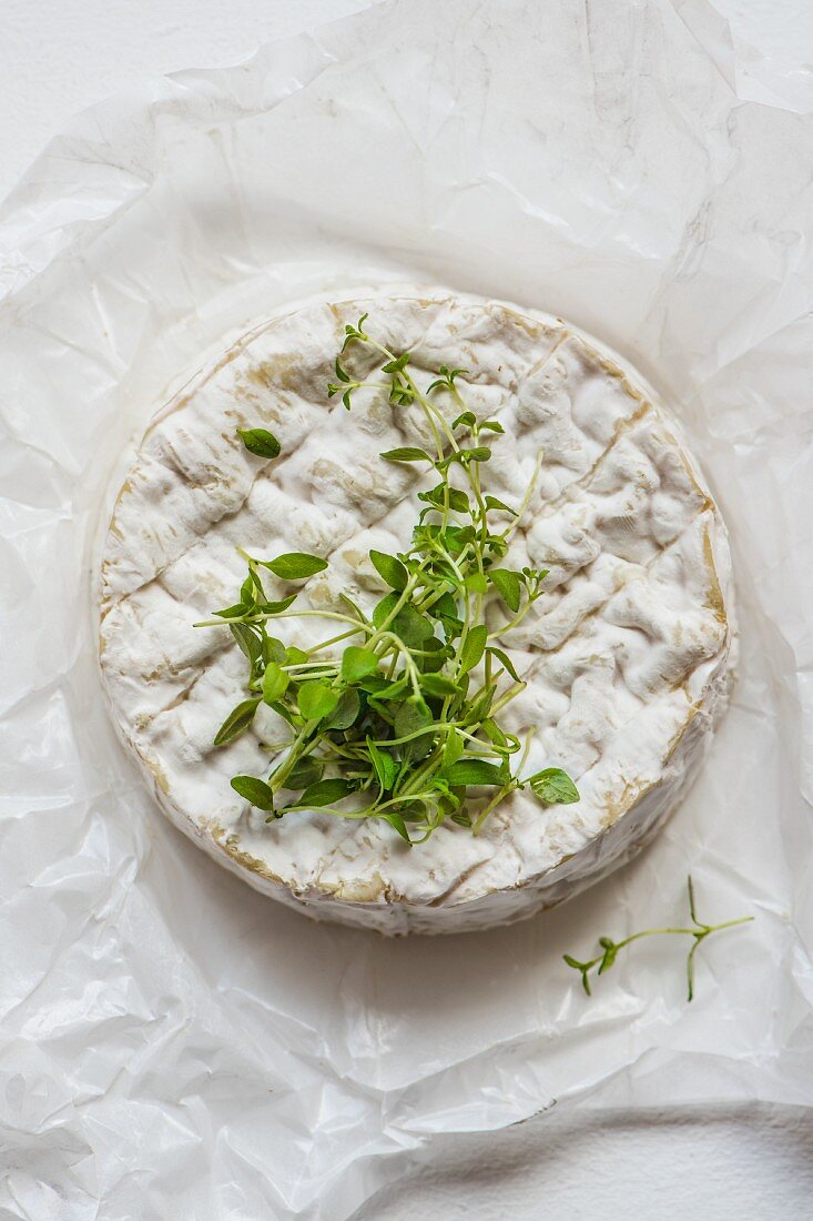 A whole Camembert with fresh thyme