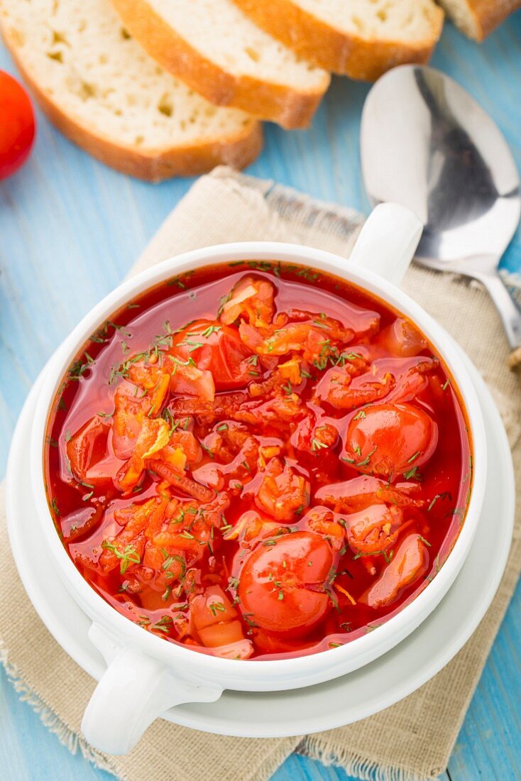 Gemüsesuppe aus Tomaten, Karotten, Kartoffeln und Kohl in Schüssel