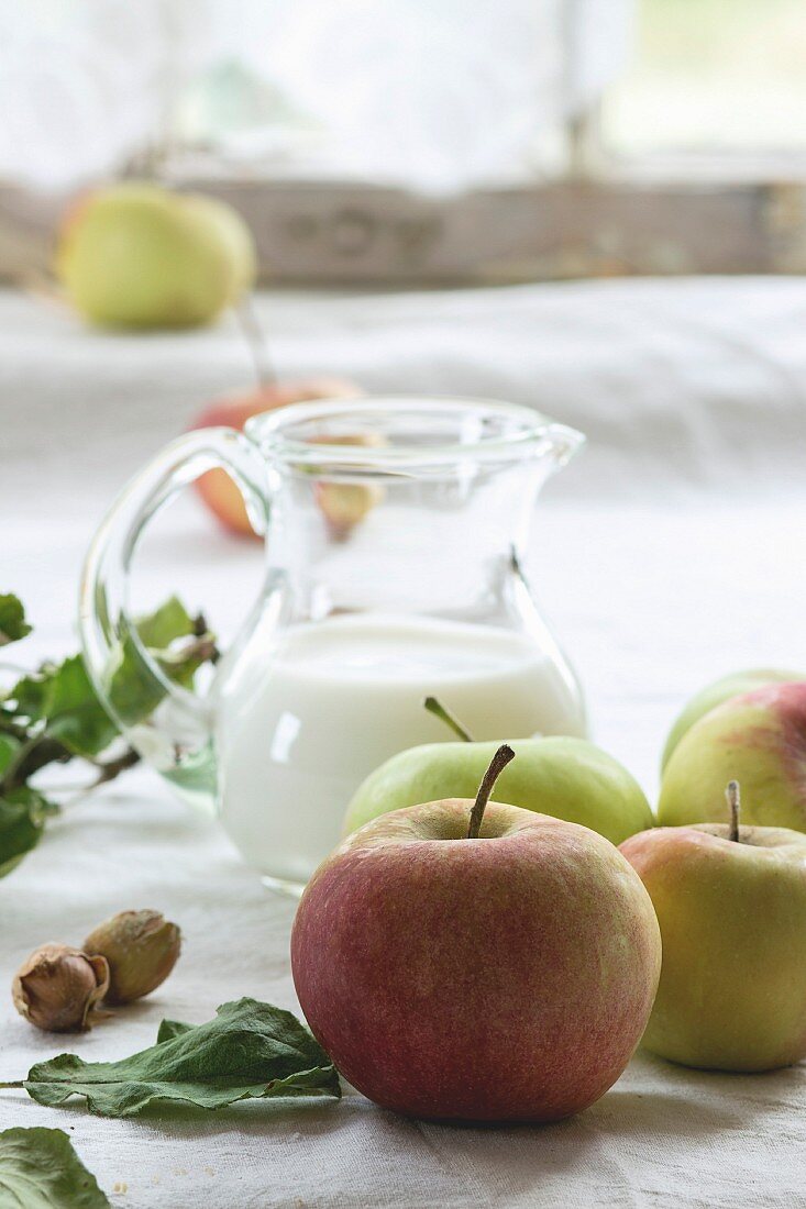 Stillleben mit frischen Äpfeln, Milchkrug und Haselnüssen
